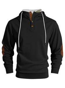 Detail of hoodie with brown button placket and elbow patches on thick black fabric