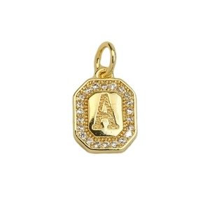 Detailed view of an 18k gold plated octagonal pendant with letter A and zircon stones