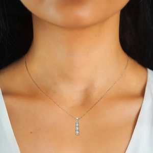Elegant S925 sterling silver necklace with vertical triple-stone rectangular pendant