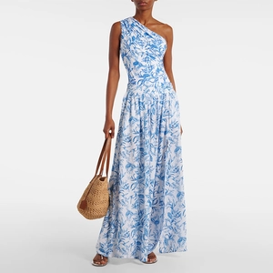 One-shoulder blue floral maxi dress with elegant summer beach style for women