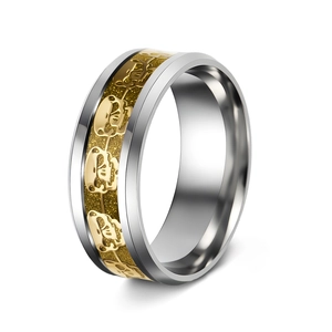 Detailed view of punk skeleton head ring with golden textured inner band and silver edges