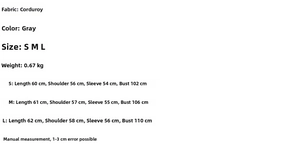 Size guide for gray corduroy jacket with detailed measurements for S, M, and L sizes