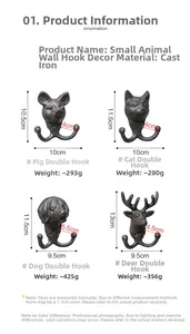 Detailed size specifications for cast iron vintage animal head double wall hooks