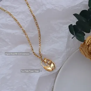 Collier pendentif tulipe plaqué or 18 carats avec chaîne Figaro pour femme élégante