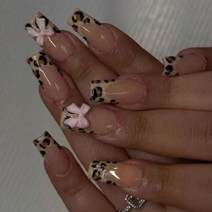 Press On Nails ABS Long Square French Leopard Print Design With 3D Pink Bow Sexy Fashion Glossy False Nails For Women