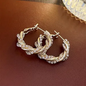 Twisted Hoop Earrings With Zircon Inlaid Copper Metal And 925 Sterling Silver Earring Post Luxury Fashion Jewelry