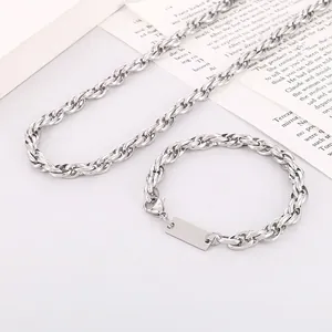 Men Titanium Steel Rope Chain Necklace And Bracelet With Rectangular ID Plate Tag Simple Fashion Jewelry