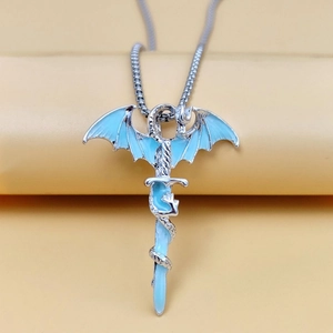 Luminous dragon wrapping around a sword pendant on a silver metal chain necklace
