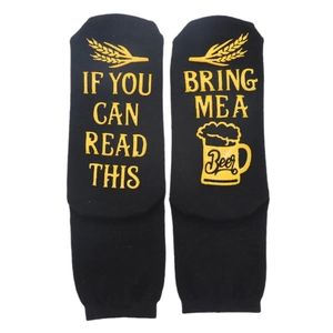Black cotton mid-calf socks with yellow 'Bring Me A Beer' non-slip letter printing
