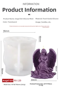 Detailed size specifications for angel girl silicone candle mold and finished plaster craft
