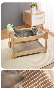 Detail of double-layer solid wood cat hammock with wear-resistant woven sisal and toy balls