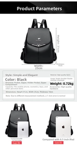 Detailed size specifications and capacity chart for the leather texture anti-theft backpack