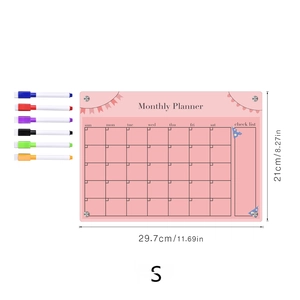 Pink magnetic acrylic monthly planner board 29.7x21cm with 6 colored dry erase pens
