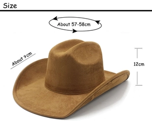 Detailed size measurement chart for brown faux suede western cowboy hat with wide brim