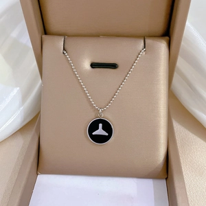 Close-up of a silver bead chain with a black circular pendant inside a jewelry box