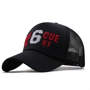 Black mesh trucker hat with 6 CUE NY 3D embroidery and adjustable curved brim