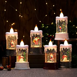 Farol de vela LED navideña con escenas de Papá Noel y muñeco de nieve decorativo
