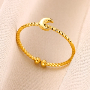 Stainless Steel Open Adjustable Ring With Twisted Rope Design Moon Butterfly Knot Charms Fashion Gold Plated Jewelry