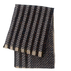 Detailed close-up of the knitted texture on a navy blue and beige striped scarf
