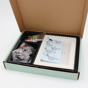 Unboxing detail of DIY building block photo frame kit with colorful pieces and manual