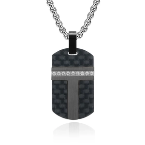Men's carbon fiber rectangle pendant necklace with inlaid diamonds and box chain