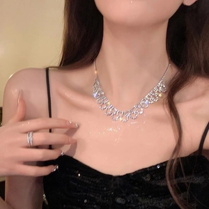 Detailaufnahme einer luxuriösen silbernen Strass-Halskette am Hals eines Models