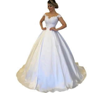 Elegant white ball gown wedding dress with lace floral embroidery and satin skirt