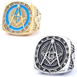 Mens Freimaurer Siegelring Edelstahl Vintage Retro Quadrat Kompass G Symbol Emaille Strass Schmuck Geschenk
