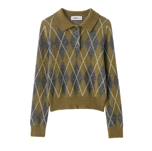 Damen Argyle Strick Polo Pullover Vintage Langarm Reverskragen Strickoberteil Acryl Polyester Lässig