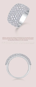 Macro detail of multi-row pavé moissanite settings on a sterling silver wide band ring