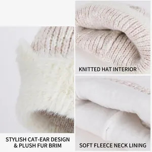 Winter knit hat and neck warmer set with plush cat ears and thick fleece lining
