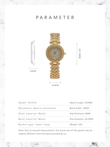 Detailed size parameters and technical specifications for the gold crystal floral watch