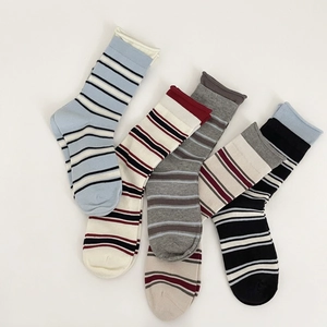 Five pairs of striped cotton crew socks for women in various colors with ribbed cuffs