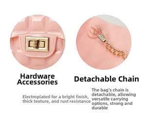 Detail of pink jelly bag showing gold hardware lock and detachable chain strap