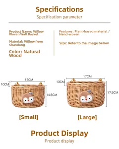 Detailed size comparison of handmade willow wall baskets with owl decoration