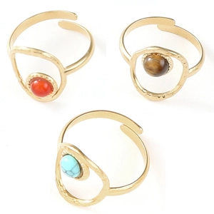 Three-piece bohemian adjustable hammered gold rings set with turquoise and natural stones
