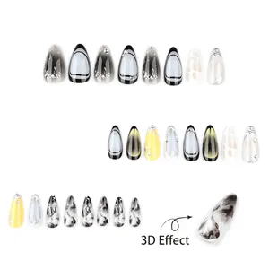 3D metallic Y2K press on nails with almond shape, cat eye gradient and marble design