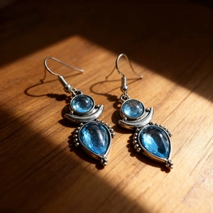 Vintage bohemian style earrings with blue moonstone resin drops and silver alloy base