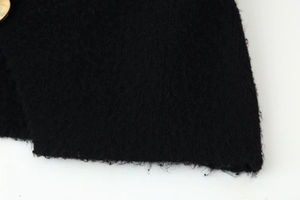 Close-up macro detail of the black knit fabric texture on this stylish V-neck sweater