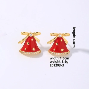 Red Christmas bell earrings with golden bow, stars and crystals, sized 1.4cm by 1.5cm