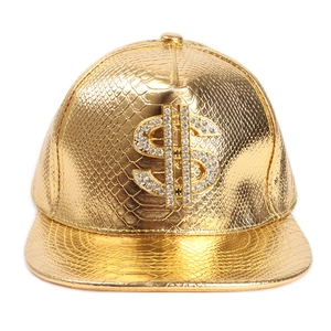 Golden hip hop flat brim hat with faux crocodile texture and rhinestone dollar sign