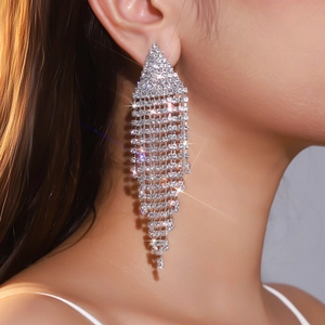 Elegant long crystal tassel drop earrings with sparkling rhinestones in silver finish