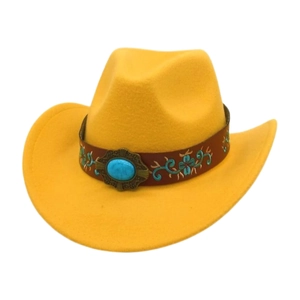 Vintage Western Cowboy Hat Felt Wide Brim Faux Leather Band Turquoise Embroidery Bohemian Ethnic Style Women Men