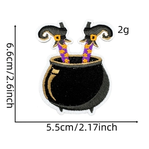 Detailed view of witch legs and cauldron Halloween patch with dimensions and sharp embroidery