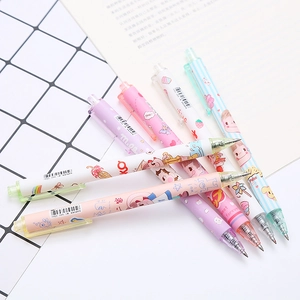 Set of 6 cute retractable gel pens with colorful cartoon designs on a white grid background