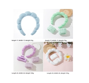Macro detail of plush microfiber cloud headbands and wristbands set for skincare