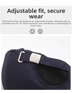 Detail of navy blue winter baseball cap showing adjustable silver buckle and ribbed edge