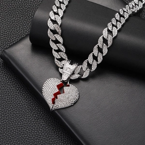 Collana cubana hip hop argento con ciondolo a cuore spezzato in smalto rosso