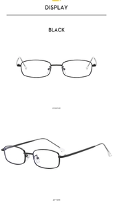 Front and 45-degree side views of black rectangular metal frame anti-blue light glasses