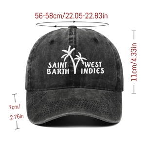 Detail of grey washed cotton baseball cap with Saint Barth palm tree embroidery